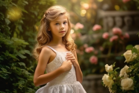 Beautiful little girl in a white dress posing in the garden.の素材