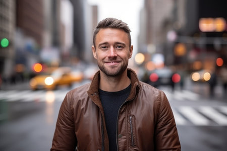 Portrait of a handsome young man on the street at night.の素材