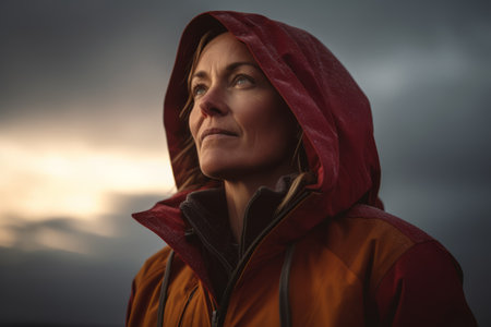 Woman in red raincoat with hood looking away on cloudy sky backgroundの素材