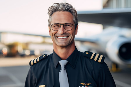 smiling pilot in eyeglasses looking at camera while standing near airplaneの素材
