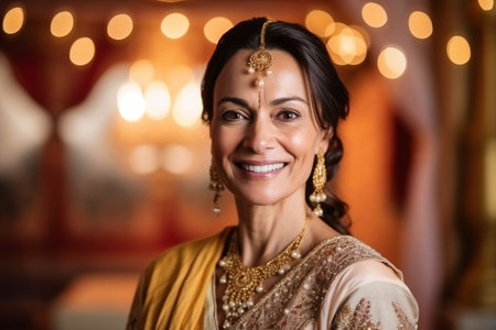 Portrait of a beautiful Indian woman smiling at the camera in a restaurantの素材