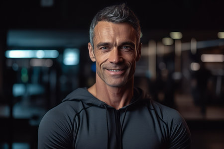 Portrait of handsome middle-aged man smiling at camera in gymの素材