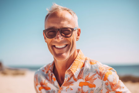 Portrait of smiling senior man in sunglasses standing on beach during sunny dayの素材