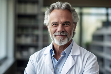 Portrait of senior male doctor smiling at camera while standing in officeの素材