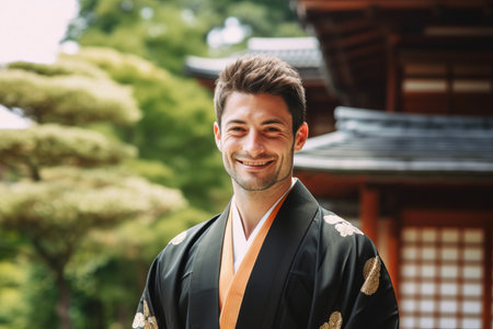 Handsome man wearing a kimono at the Japanese templeの素材