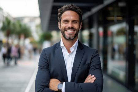 Portrait of smiling businessman standing with arms crossed in urban street.の素材