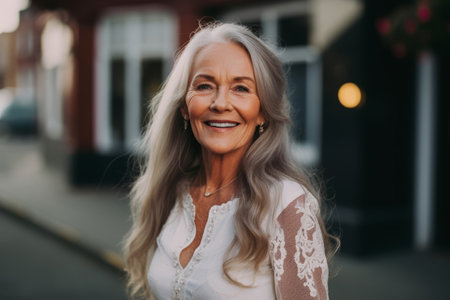 portrait of smiling senior woman standing in city street at summer dayの素材
