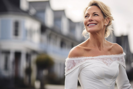 Portrait of a beautiful mature woman in a white wedding dress.の素材