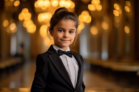 Portrait of a beautiful little girl in a black suit and bow tieの素材