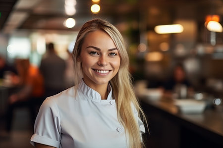 Portrait of a smiling waitress standing at the counter in a restaurantの素材