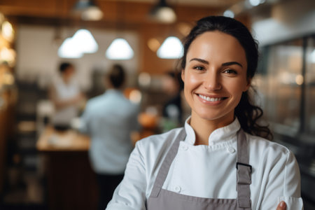 Portrait of a smiling waitress standing in a cafe. She is looking at the camera and smiling.の素材
