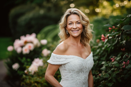 Portrait of a beautiful blond woman in white wedding dress posing in the garden.の素材