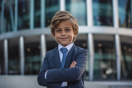 Portrait of happy boy standing with arms crossed in front of buildingの素材