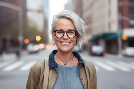 Portrait of a beautiful woman in glasses standing in the city.の素材
