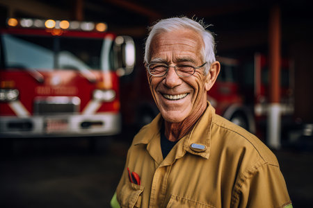 Portrait of an elderly firefighter standing in front of a fire engineの素材