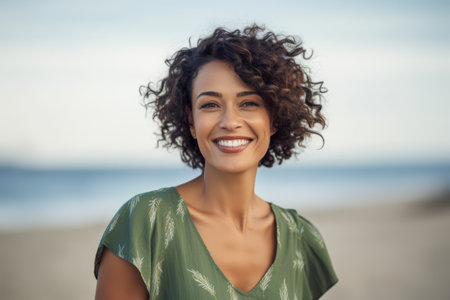Portrait of beautiful young woman with curly hair smiling on the beachの素材