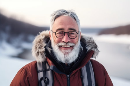 Portrait of senior man with gray beard and eyeglasses standing on frozen lakeの素材