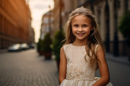 Portrait of a little girl in a white dress on the street.の素材
