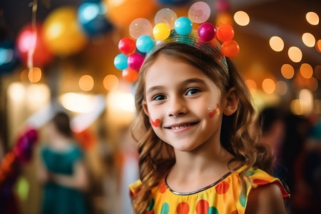 Portrait of a cute little girl with colorful balloons on her birthdayの素材