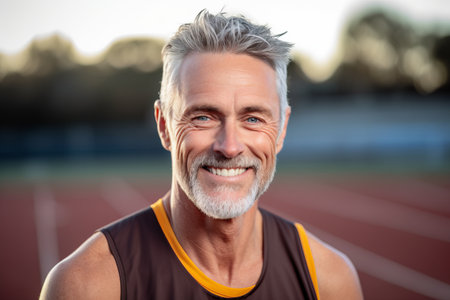 Portrait of smiling senior man standing on track at stadium during sunny dayの素材