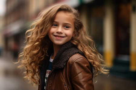 Portrait of a cute little girl with curly hair on the streetの素材
