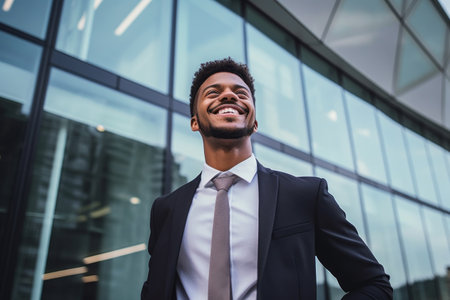 smiling african american businessman in suit looking away in cityの素材