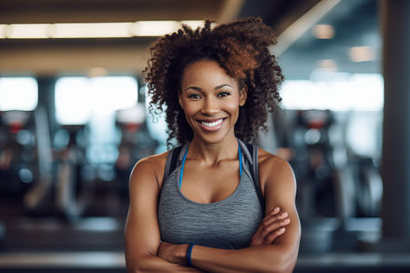 Portrait of a smiling afro american woman standing with arms crossed in gymの素材