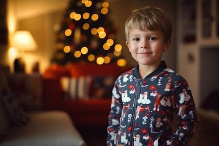 Cute little boy in pajamas at home on Christmas eveの素材