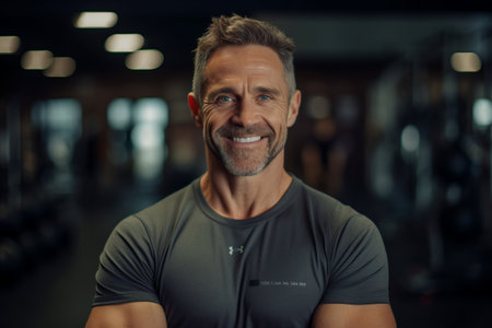 Portrait of a smiling mature man in a gym looking at cameraの素材