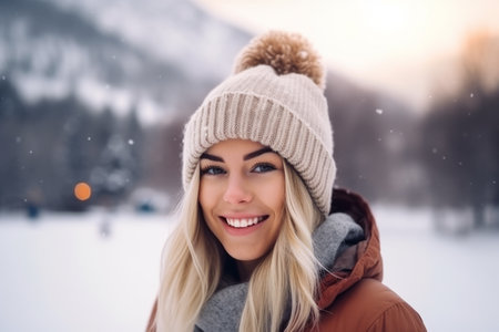 Beautiful young woman in a hat and coat on the background of a winter landscapeの素材