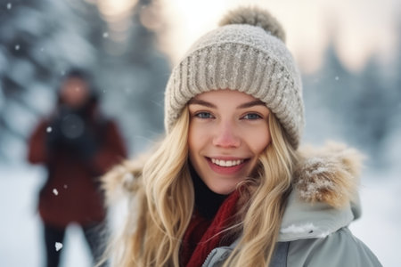 Portrait of a beautiful young woman in a winter hat and scarfの素材