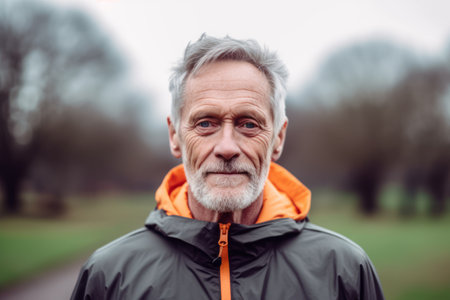 Portrait of senior man with gray hair in sportswear outdoorsの素材