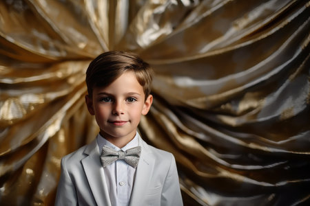 Portrait of a little boy in a white suit and bow tie.の素材