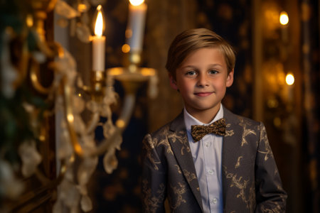 Cute little boy in a suit and bow tie stands in the interior of the churchの素材