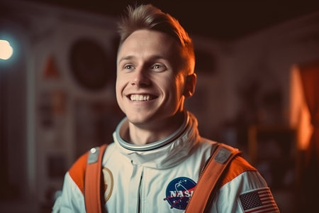Portrait of a smiling astronaut in an astronaut's suit on the background of the spaceship.の素材