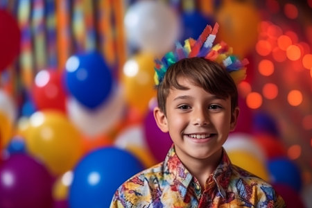 Portrait of a smiling little boy at birthday party with colorful balloonsの素材