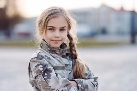 Portrait of a beautiful girl in a military uniform. Girl 9 years old.の素材