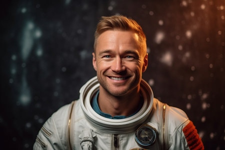 Portrait of a smiling astronaut on a dark background. Space exploration.の素材