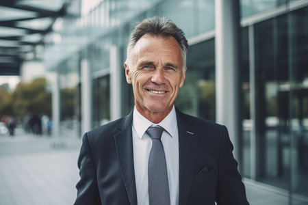Portrait of smiling mature businessman in suit standing outside office building.の素材