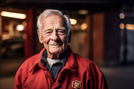 Portrait of an elderly man in a red jacket in the cityの素材