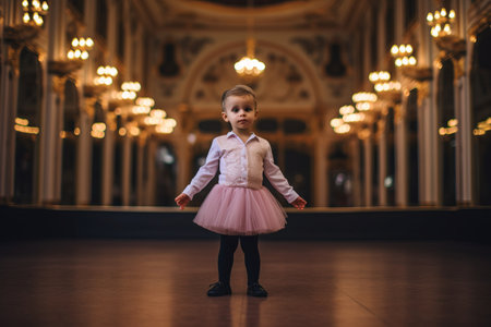 Cute little girl in a pink skirt and a light blouse in the interior of the theaterの素材