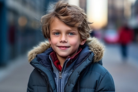 Portrait of a cute little boy in a winter jacket on the streetの素材