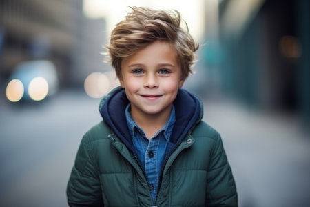 Portrait of cute little boy with blond hair in a green jacket in the cityの素材