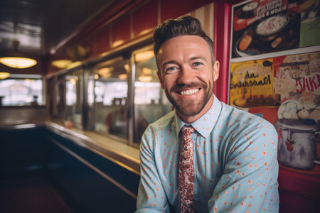 Portrait of a handsome young man sitting in a cafe and smilingの素材