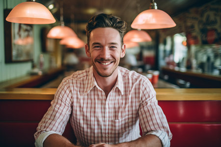 Portrait of a smiling young man sitting in a cafe and looking at cameraの素材