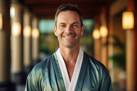 Portrait of a handsome man in a kimono smiling at the cameraの素材