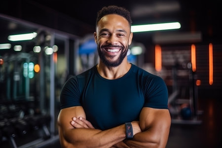 Portrait of smiling african american man with arms crossed in gymの素材