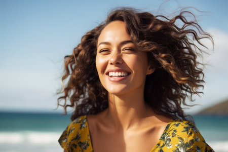 Portrait of a smiling young woman with curly hair on the beachの素材
