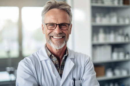 Portrait of smiling senior doctor in eyeglasses standing in clinicの素材