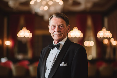 Portrait of a senior man in tuxedo posing in restaurantの素材
